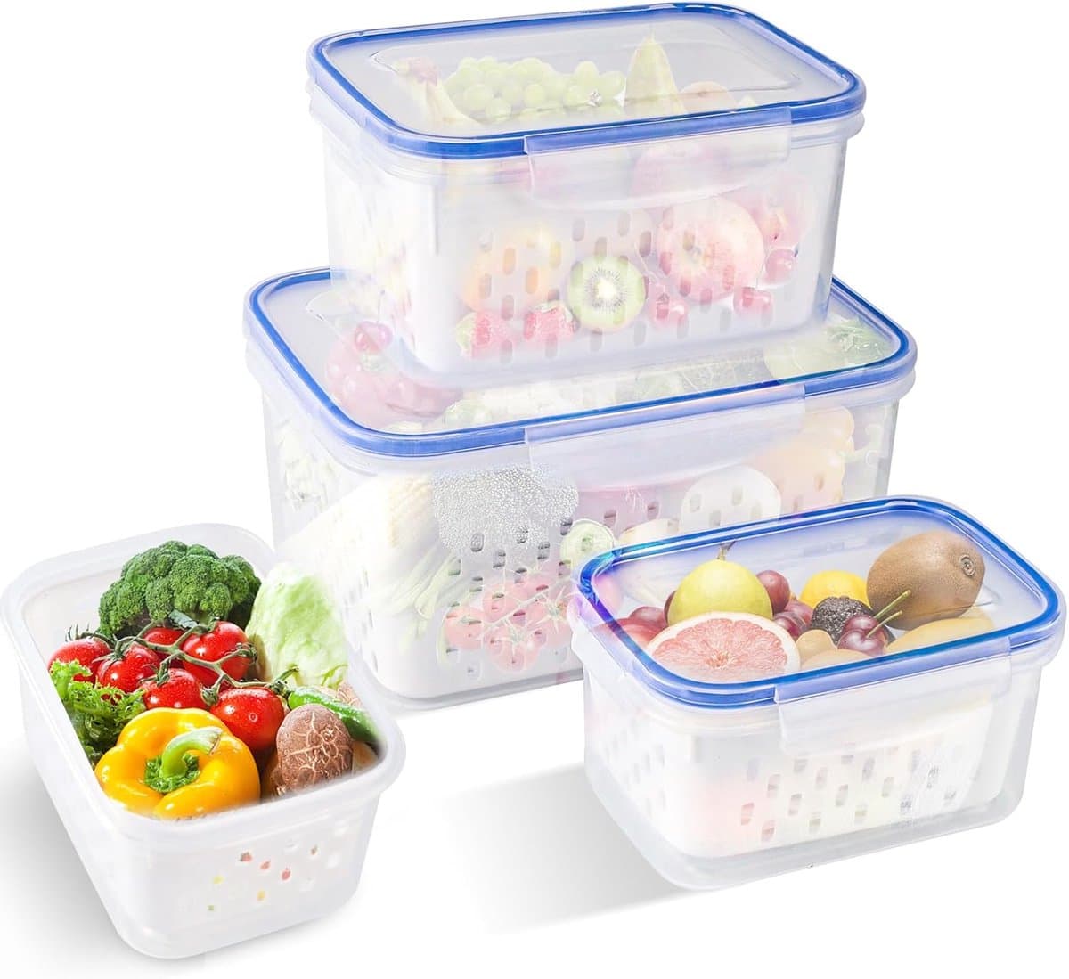 Vershouddozen, fruit- en groente opbergdozen, 3-delige set, kunststof koelkastorganizer, voor fruit, groenten, fruit, salade, vershouddozen met afdruiprooster, 0,85 l + 1,75 l + 3,3 l (blauw)