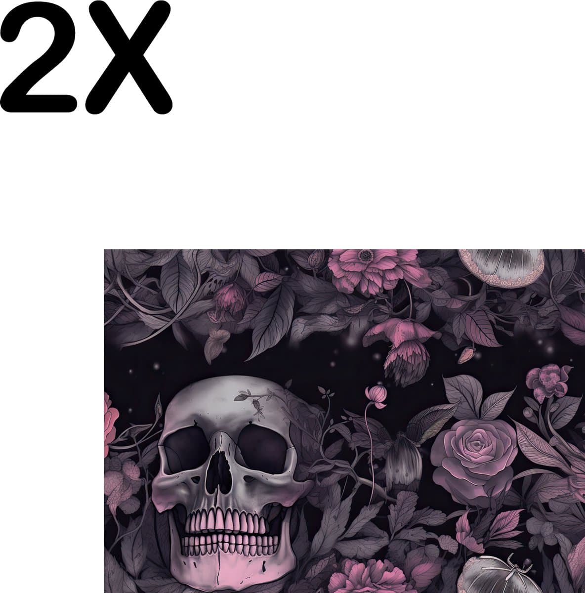 BWK Textiele Placemat - Duistere Bloemen met Schedel - Set van 2 Placemats - 35x25 cm - Polyester Stof - Afneembaar
