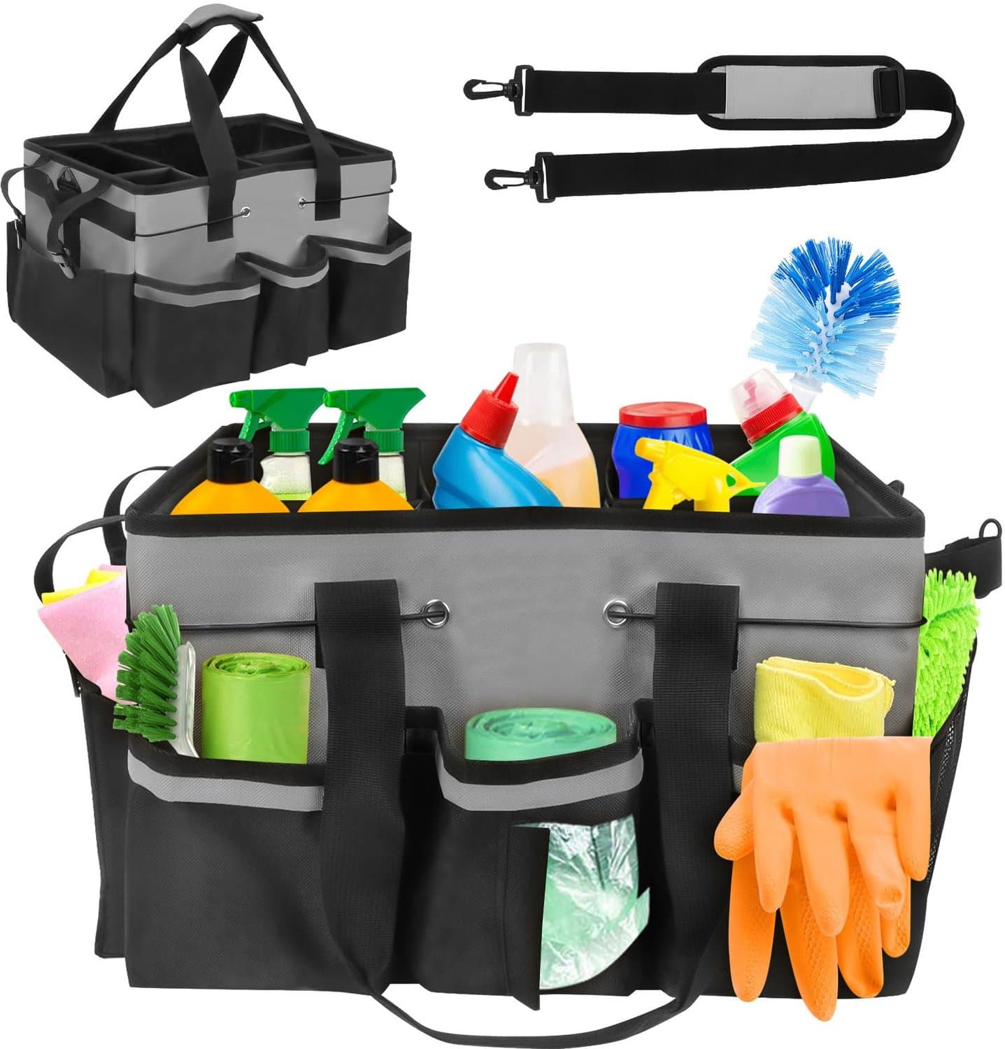 Schoonmaak Organizer Tas – Draagbare Opbergmand met Schouderband en Vakken – Voor Huishouden, Auto en Tuin – Grijs – 40 x 27.5 x 23.5 cm