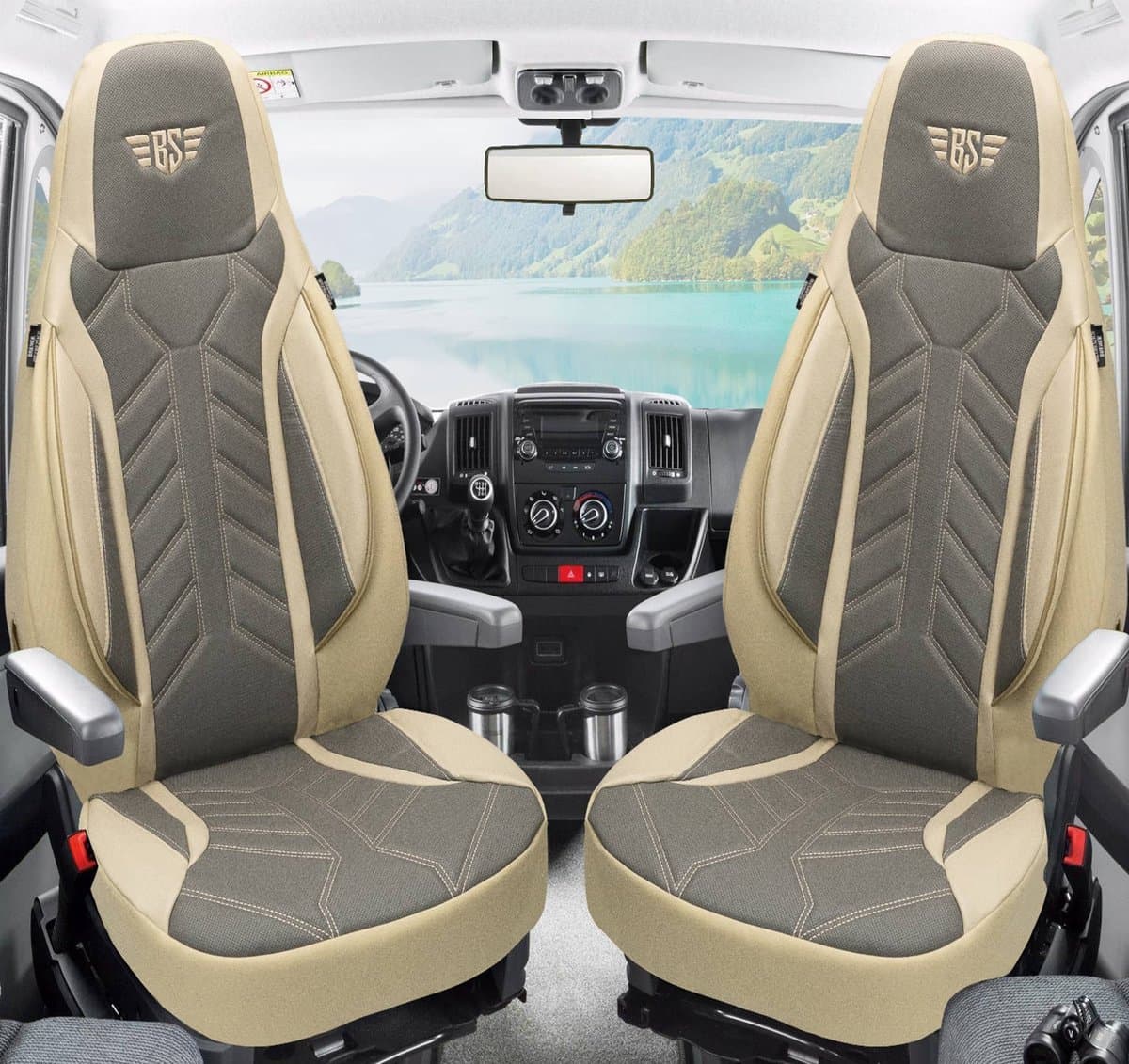 Premium Camper stoelhoezen voor Dethleffs Globevan Trail One Two DPL509 in Beige/Grijs (2 losse stoelen)