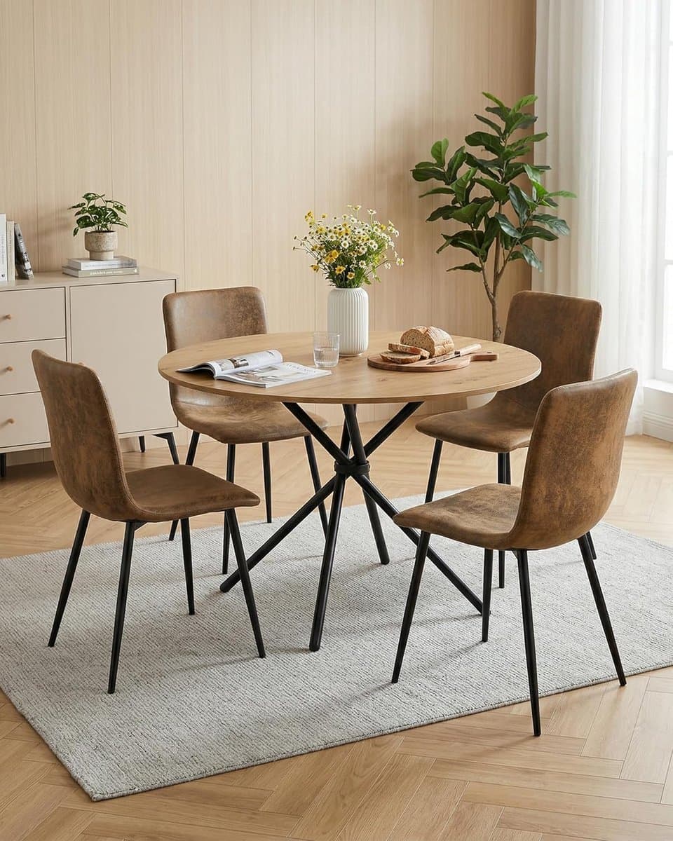Eettafelset Rond 120 cm Eikenlook – NoviHomeStore 5-Delige Eetkamergroep met 4 Stoelen Wildlederlook – Modern Scandinavisch Industrial Design – NoviHomeStore