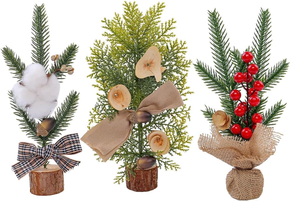 3pcs Desk Christmas Tree 25cm Christmas Tabletop Tree Mini Desk Pine Trees with Wooden Base Ornaments for Table and - ShopVlot