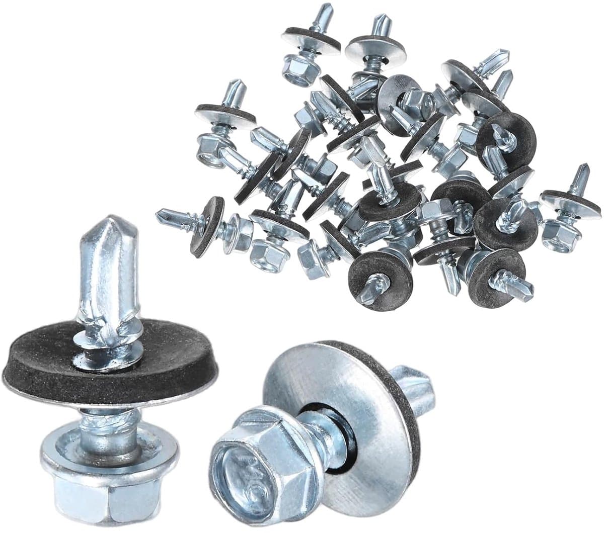 METERXITY 25 zelftappende schroeven met rubberen ring M5,5 x 19 mm, zeskantkop van verzinkt koolstofstaal, voor metalen platen voor plafonds, bekleding, staalconstructies