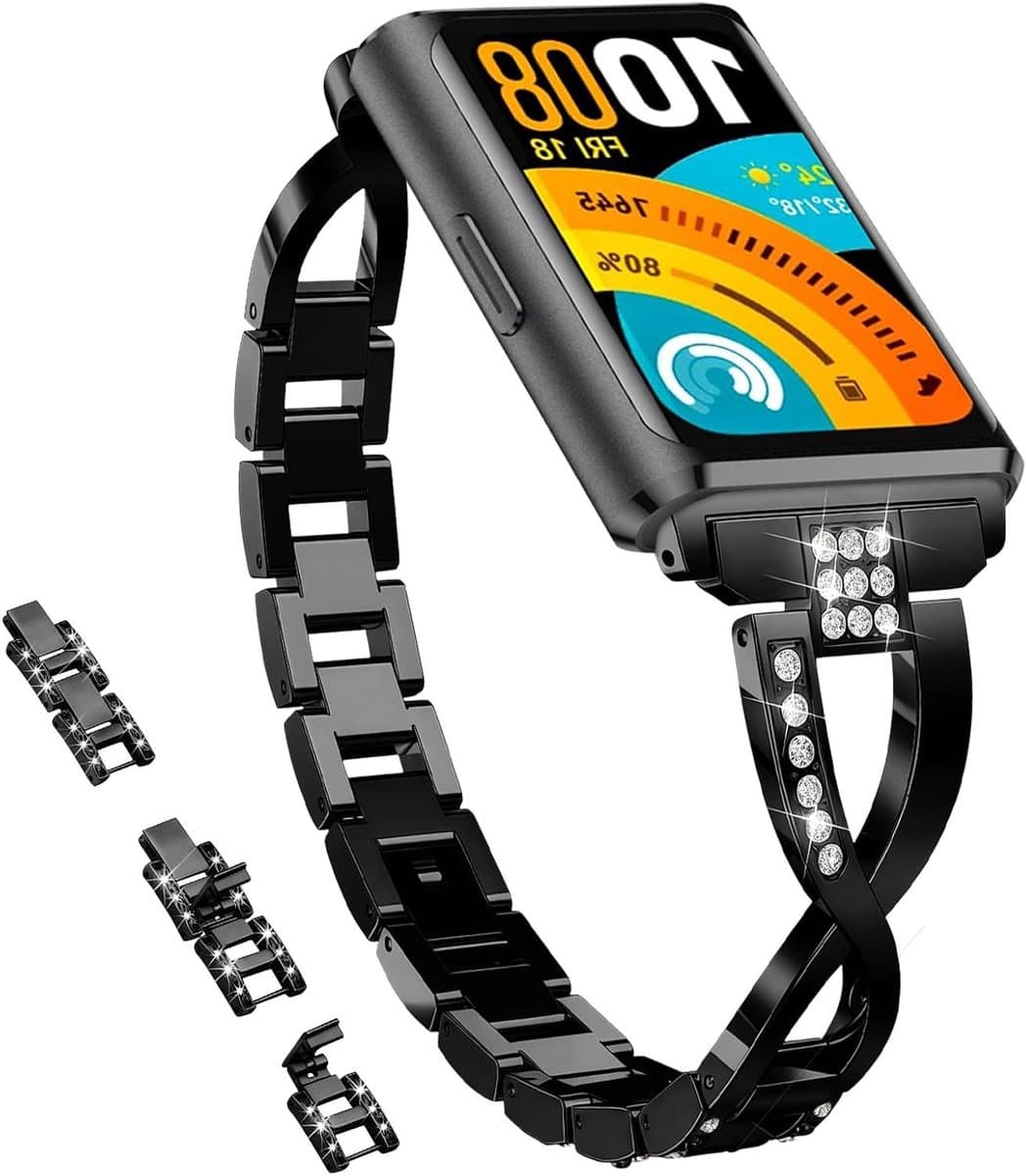 Metalen armband - Reserveband - Smartwatch decoreren - Uniek strass design - 15 x 7 x 1 cm - Zwart