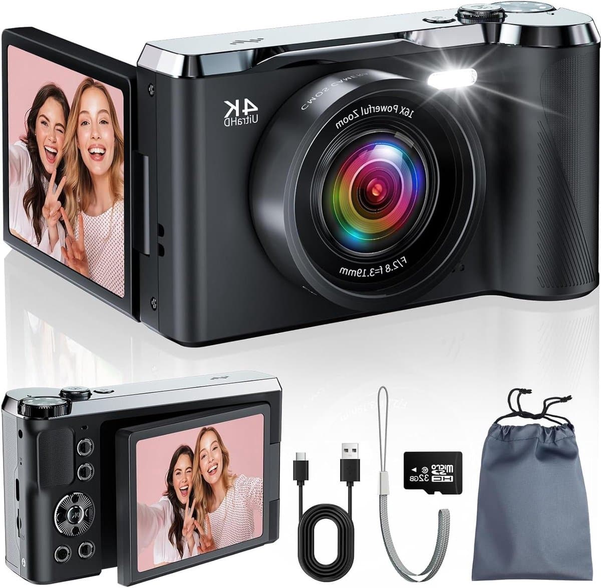 Digitale Camera - Vlog Camera - Momenten Vastleggen - 56MP Foto Video - 3 Inch Scherm - Zwart