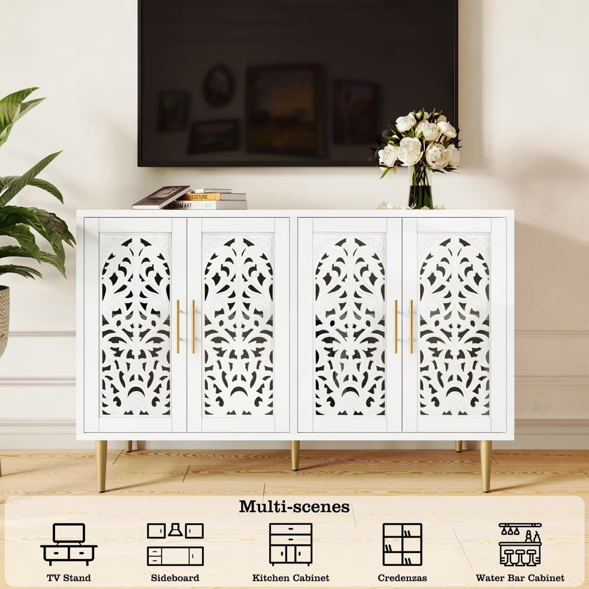 DressoirDressoir Kast met 4 Deuren – NoviHome Vintage Houtlook Opbergkast met Holle Houtsnijwerk Details – Buffetkast met Verstelbare Planken – Sideboard voor Woonkamer, Keuken en Eetkamer – Wit