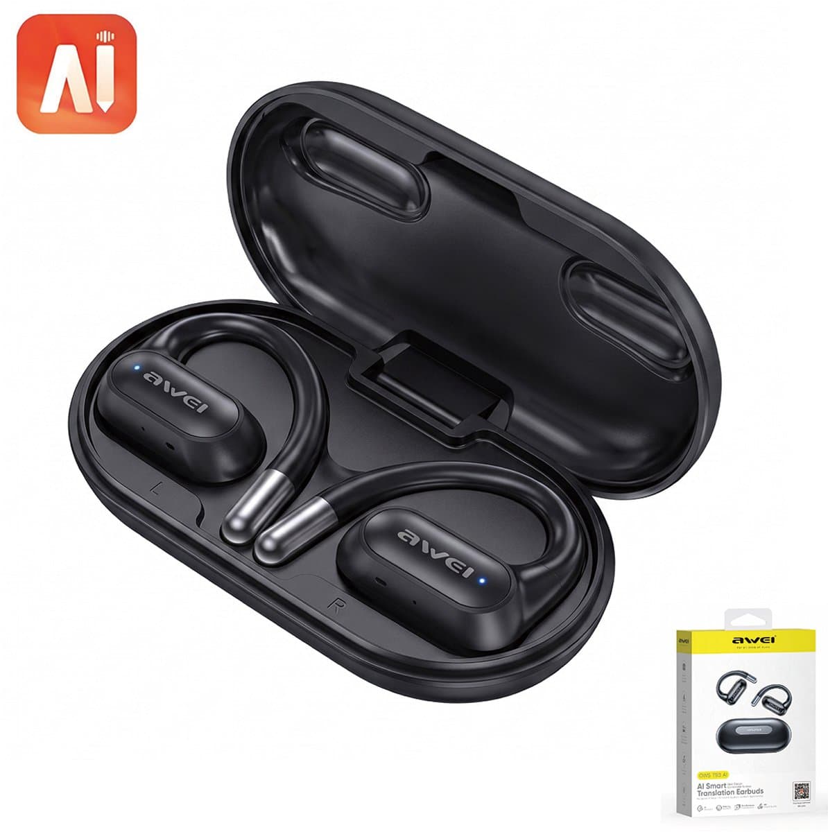 AWEI T93 - Sport Oordopjes - Open-Ear Oorclips - Draadloos Bluetooth Clip On Design - AI-vertaalfunctie - ENC Ruisonderdrukking - 40 Uur Batterijduur - voor Hardlopen - Zwart