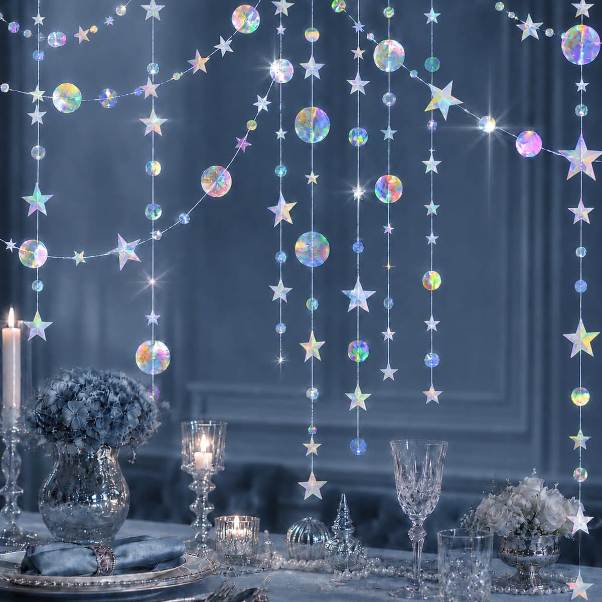 5 stuks 4 m glitter papieren slinger sterren & cirkels, holografische regenboogdecoratie voor verjaardag, bruiloft, babyshower, jubileum, feestdecoratie om op te hangen