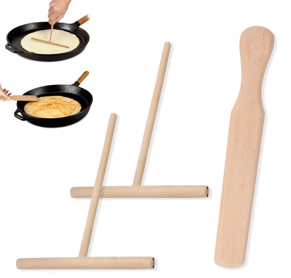 Elkuaie Pannenkoeken Spatel - Crêpes Maker - T-Vormig Ontwerp Voor Gelijkmatige Deegverdeling - 3-Delig - Voor Crepes En Pannenkoeken In Beukenhout
