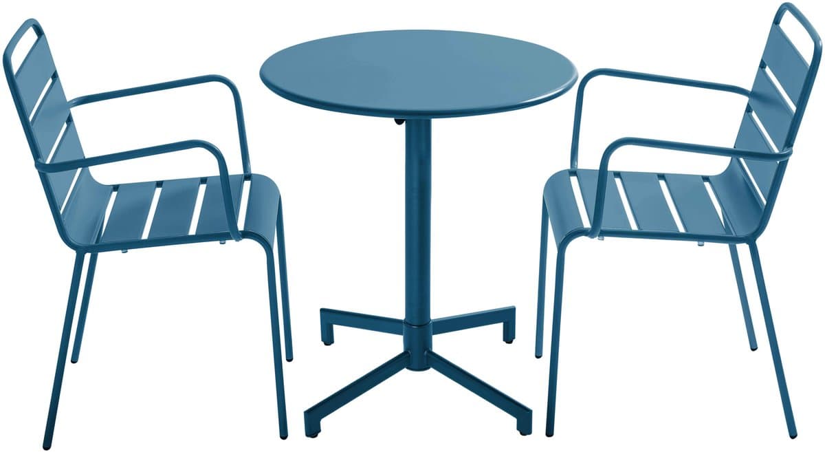 Oviala - Pacific blauwe metalen tuintafel en 2 fauteuils - Palavas