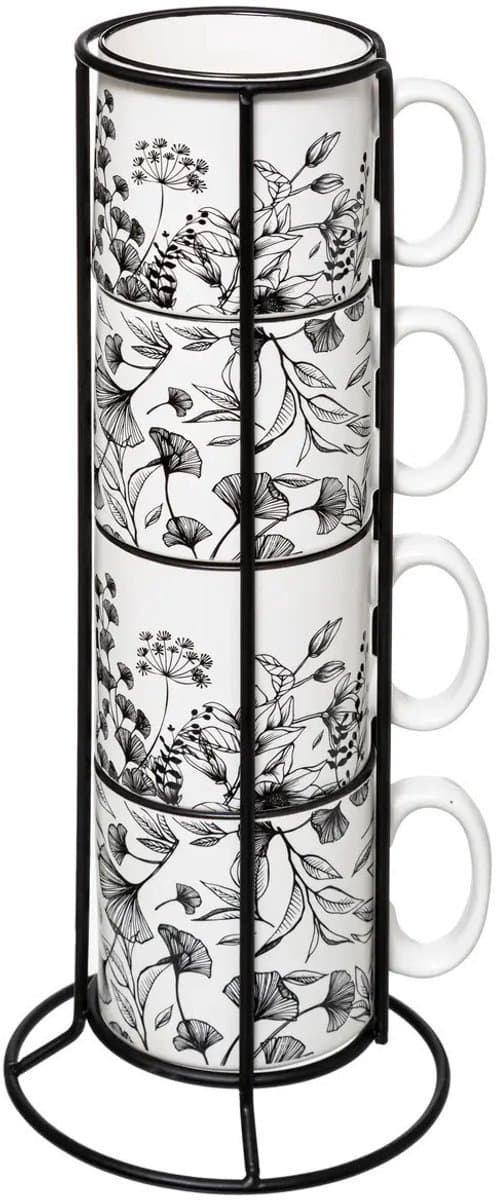 Secret de Gourmet Set van keramische koffiemokken met metalen rek - 4 stuks, wit, 240 ml