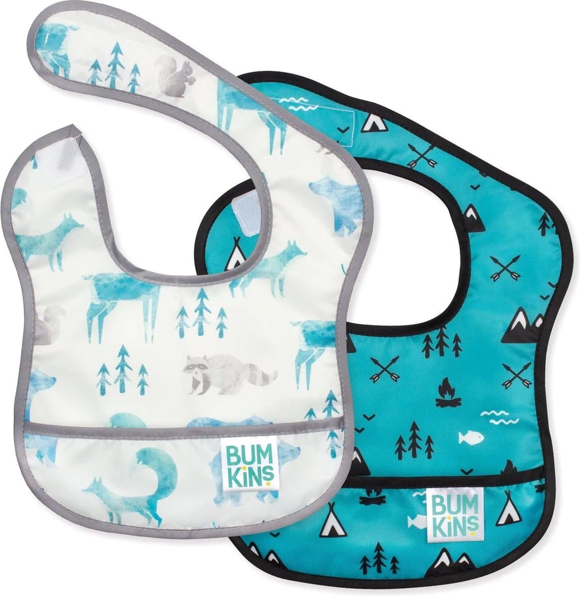 Bumkins Starter Bib - Waterdichte Slabbetjes voor Baby - Set van 2 - Kleine Eetslab voor Eerste Hapjes - Met Klittenband - Knoeislab - Machinewasbaar - Outdoors & Wildlife - Bergen en Bosdieren - Aqua Wit - 3-9 maanden