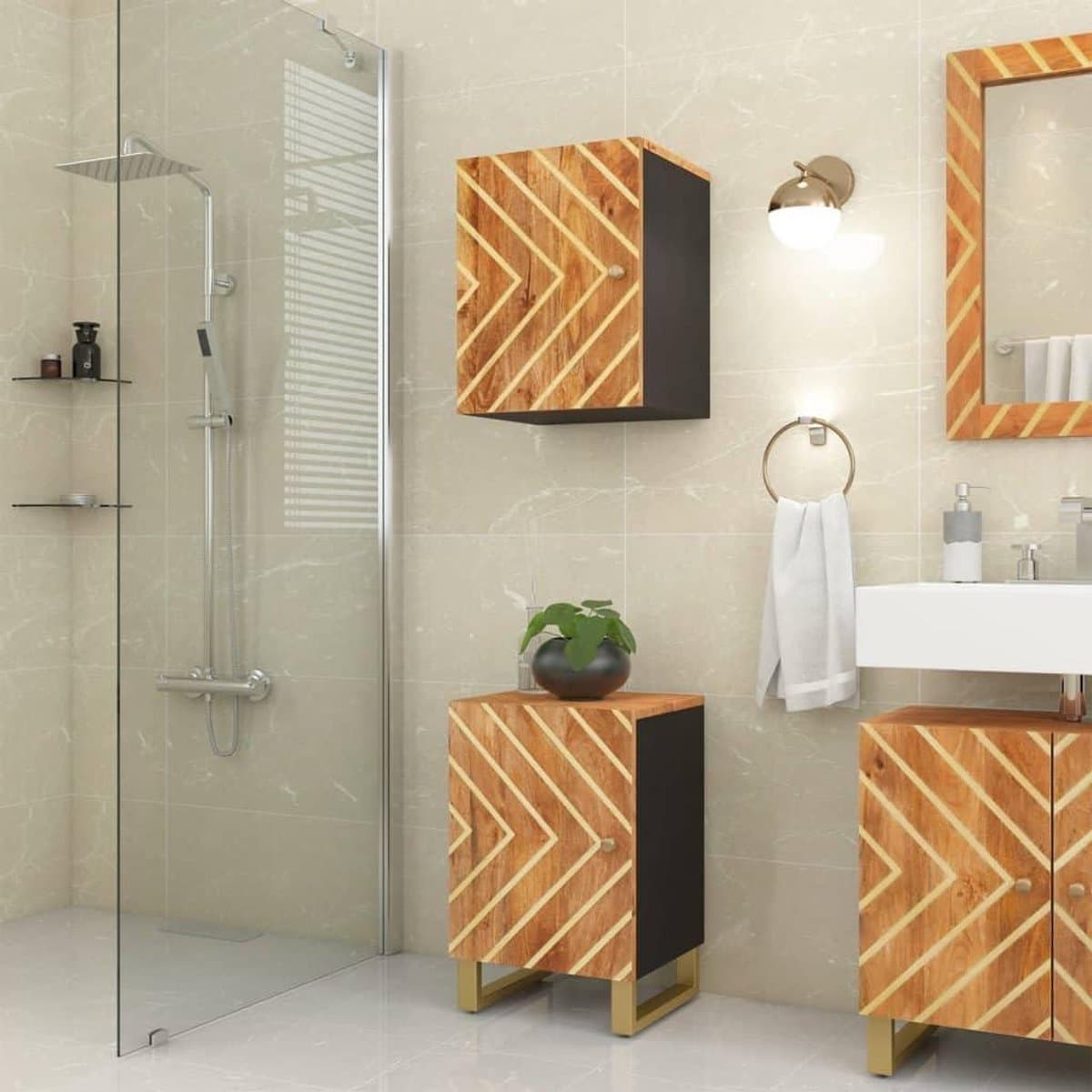 Badkamerkast Massief - Opbergkast Hout - Badkamer Organiseren - Flexibele Deurmontage - 38 x 335 x 58 cm - Bruin