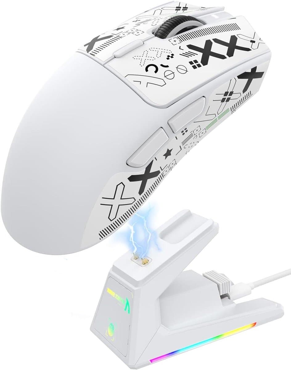 Draadloze Gaming Muis - Ultralichte Muis - Intensief Gamingsessies - Magnetisch Oplaadstation - 49 gram - Wit