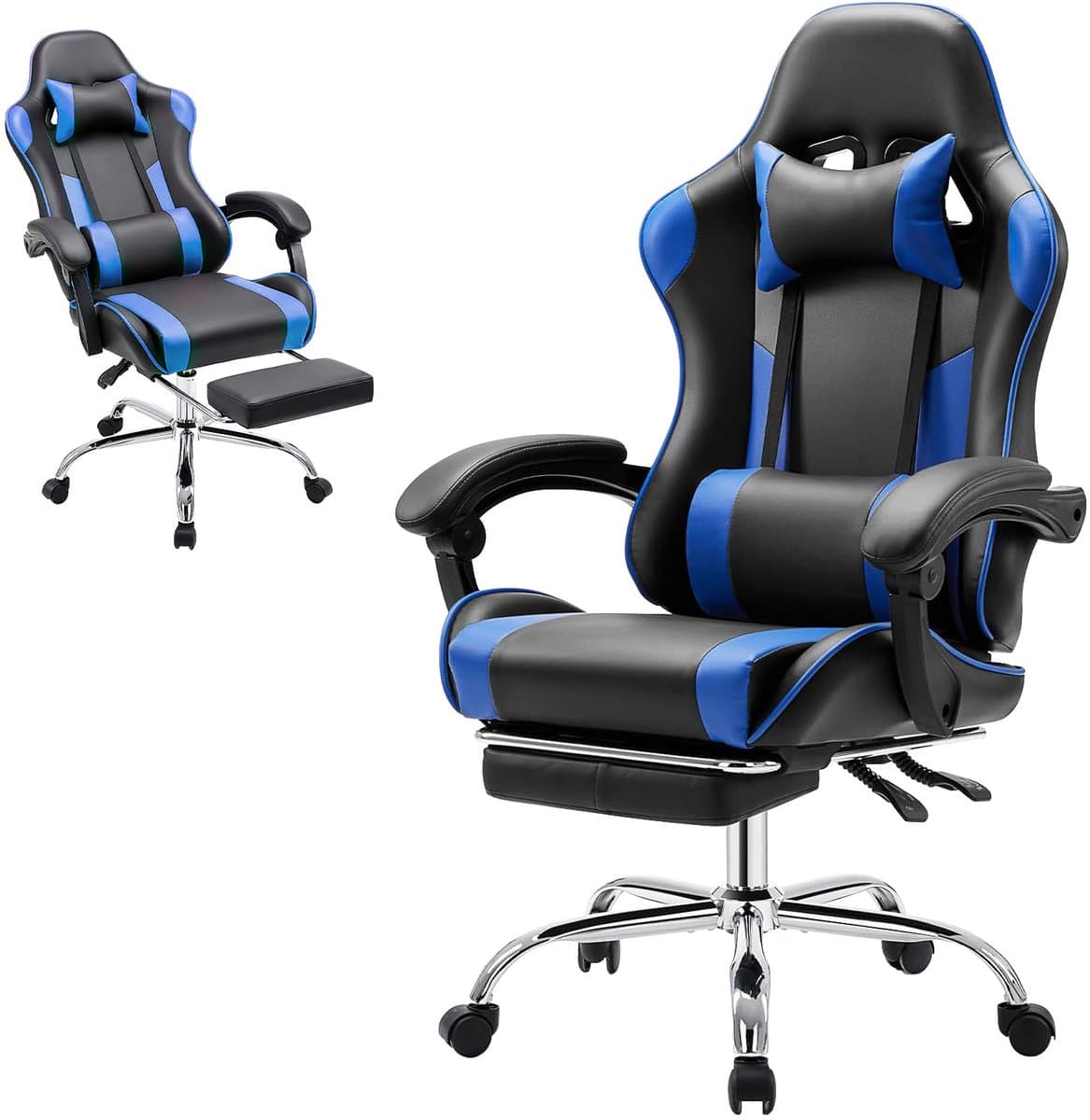 Gamingstoel / Ergonomische Bureaustoel - Kunstleer - Met Voetensteun, Hoofdsteun & Lendenkussen - Verstelbare Hoogte - 125 kg Draagvermogen