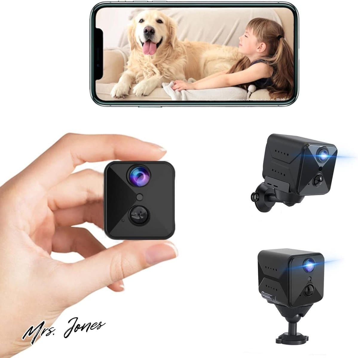 Mrs. Jones Mini HD bewakingscamera voor binnen met wifi en nachtzicht - live overdracht via mobiele app - bewegingsmelder - 100 dagen stand-by .