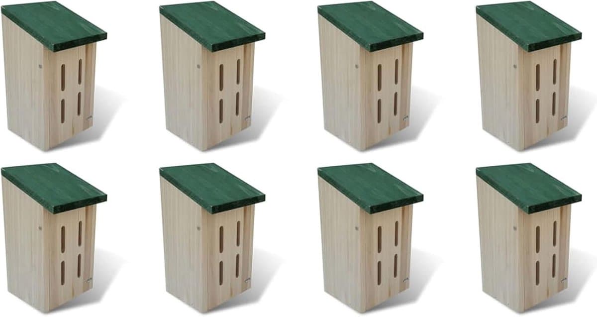 Vlinderhuis Set - Insectenhotel Hout - Tuindecoratie Natuur - Bescherming Weer - 8 Stuks 14x15x22cm - Houtkleur Groen Dak