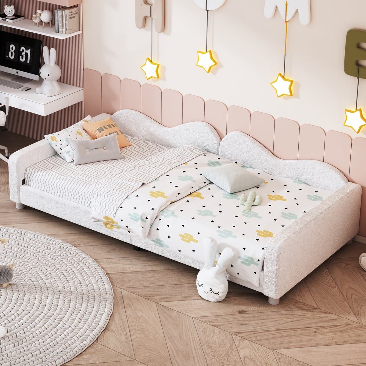 HAUSS SPOLE Gestoffeerd Bed 214,5x95x42 cm - Multifunctioneel Slaapbank met Rugleuning - 12 Latten, 120 kg Draagvermogen - Teddystof - Wit - Zonder matras