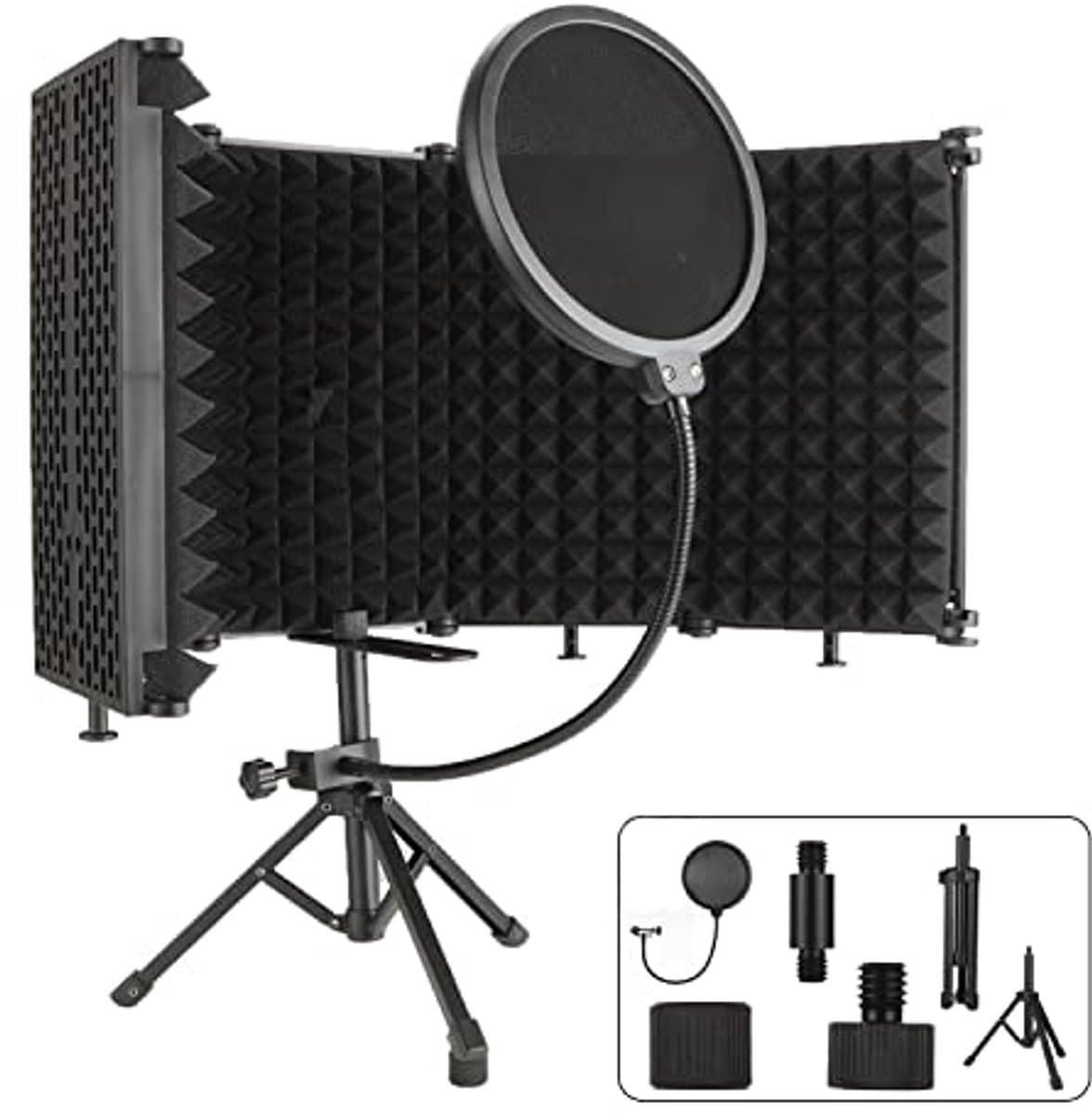 Opvouwbaar Microfoonisolatiescherm met Popfilter en Statief voor Geluidsbescherming - 5 Schuimafzuigpanelen