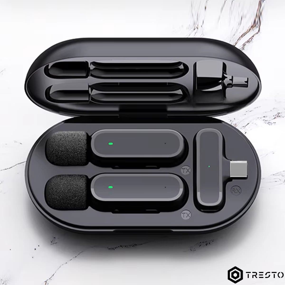 TRESTO - Draadloze mini Microfoon Set van 2 – USB-C – Plug & Play – Smartphone – Tablet – Vloggen – Podcast – Opnames – Livestream - Compact – Helder Geluid – USB-C – Dual Recording