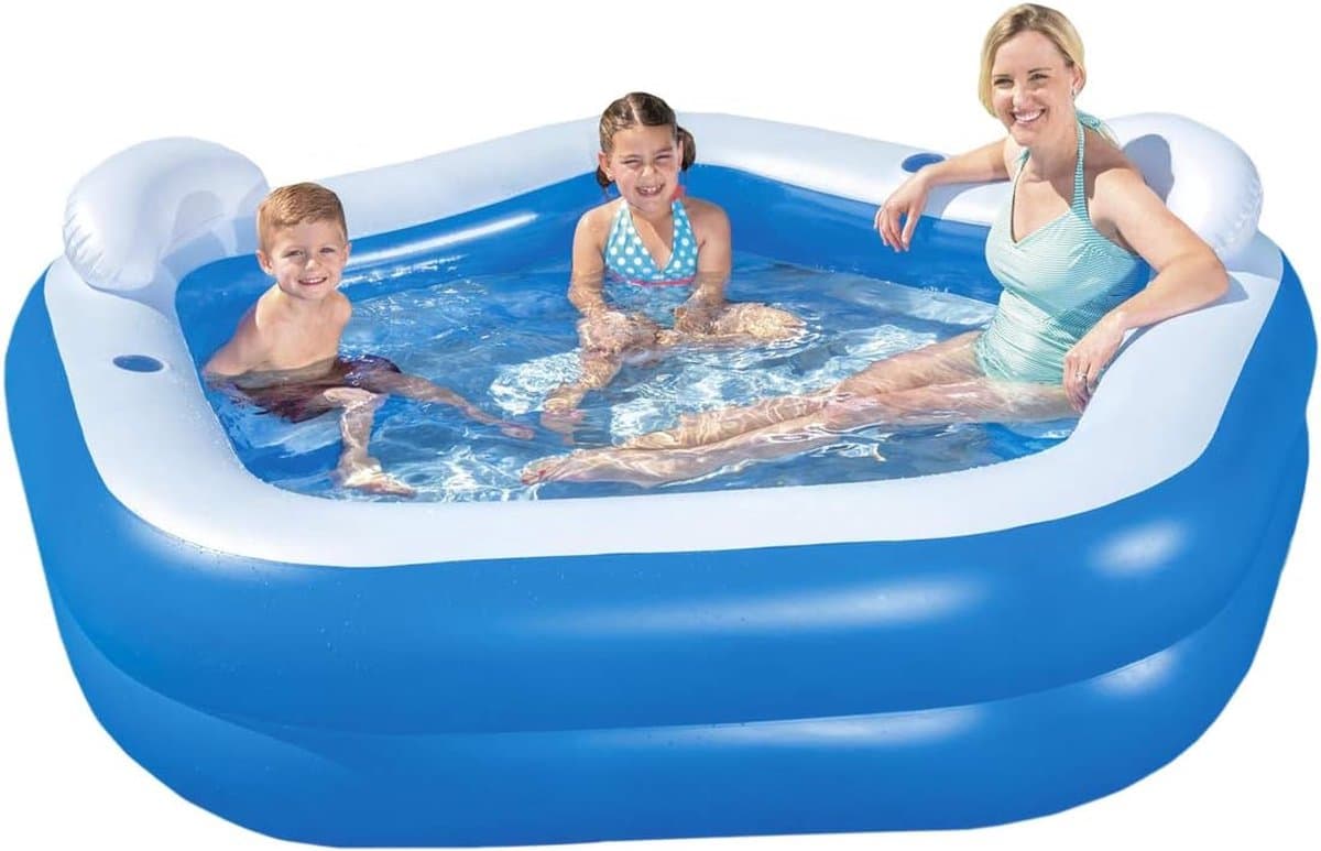 StayPowered Zwembad - Ultiem Zomerplezier voor het Hele Gezin! -213 x 206 x 69cm - Extra Brede Zijwanden - Gemaakt uit Duurzaam PVC - 575l Capaciteit - met Afvoerventiel - 1 Reparatiepleister - Blauw/Wit - Levering Sneller dan Aangegeven!
