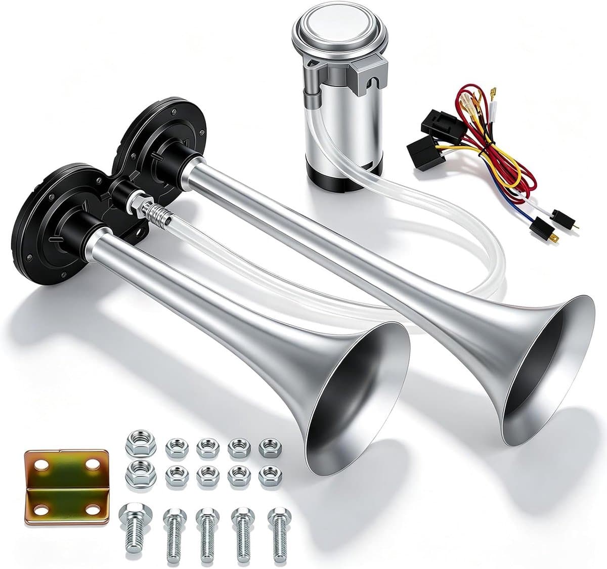 12 V 150 dB vrachtwagenclaxon chroom zink dubbele trompet luchthoorn met compressor, voor alle 12 V voertuigen vrachtwagens, auto's, boten, treinen, bestelwagens, vrachtwagens hoorns perslucht hoorn