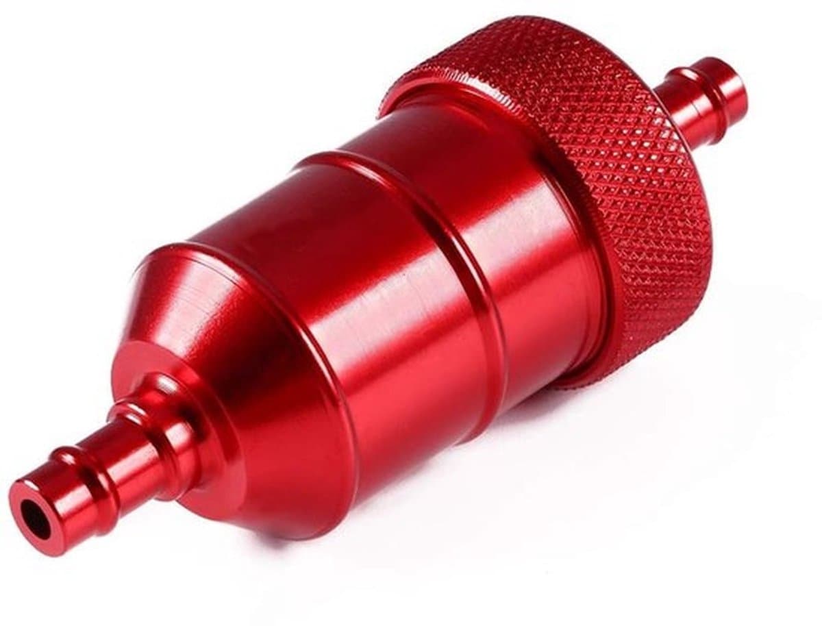 Brandstoffilter - Universeel voor brandstofsystemen 1/4" tot 5/16" - Lichtgewicht Billet aluminium - Herbruikbaar - Hoogte 76 mm - Rood papierfilter
