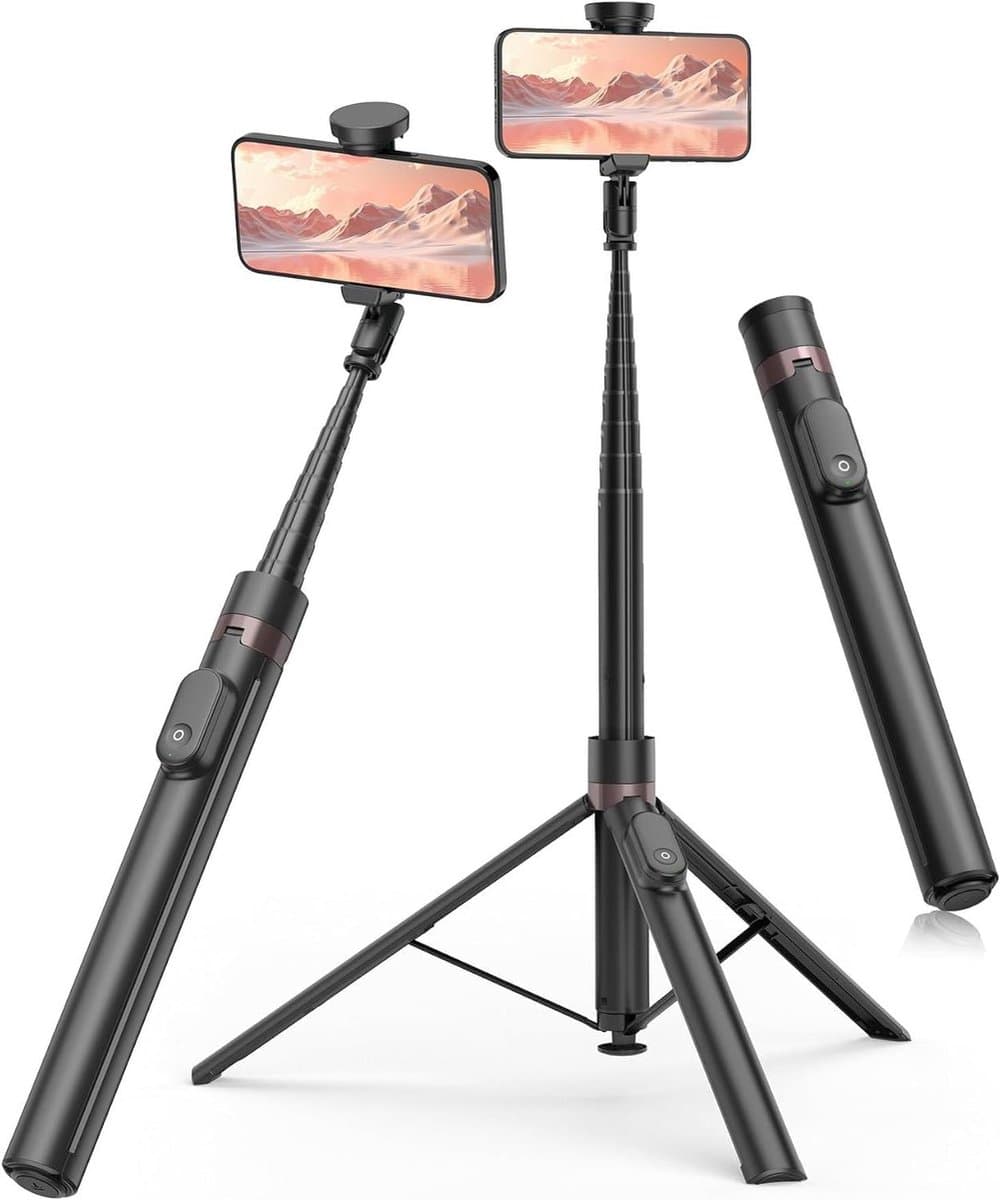 Automatische Statief Selfie Stick - Telefoon Statief - Reizen Foto's Maken - Automatisch Openende Poten - 168 cm Hoogte - Zwart