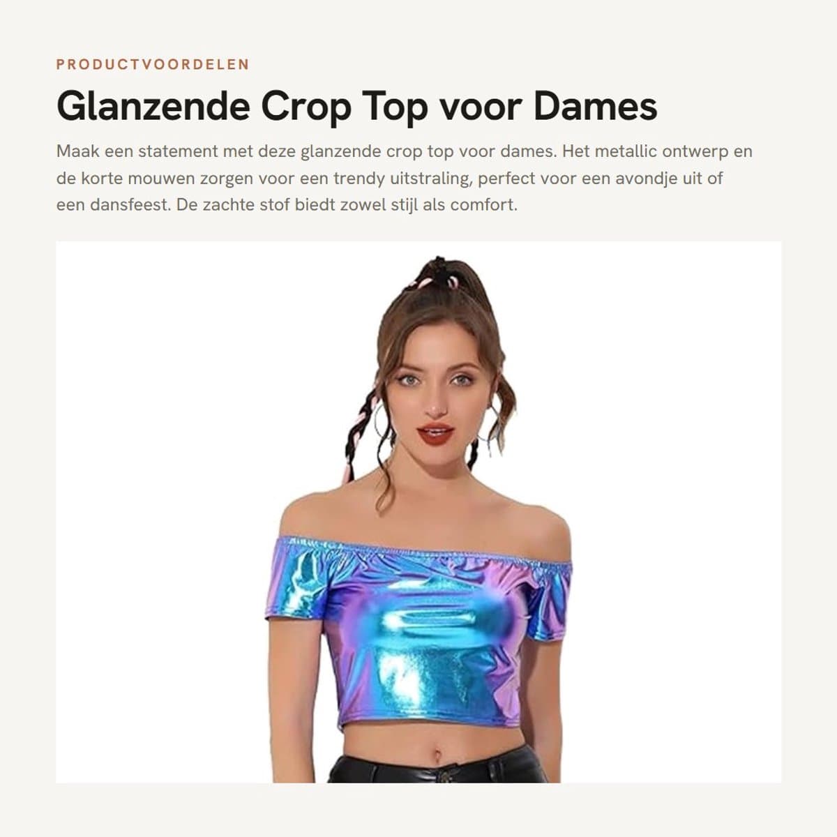 Dailygoods- Dames Top Glanzend - Crop Top Dames - Korte Mouwen - Schoudervrij - Clubwear - Comfortabele Stof