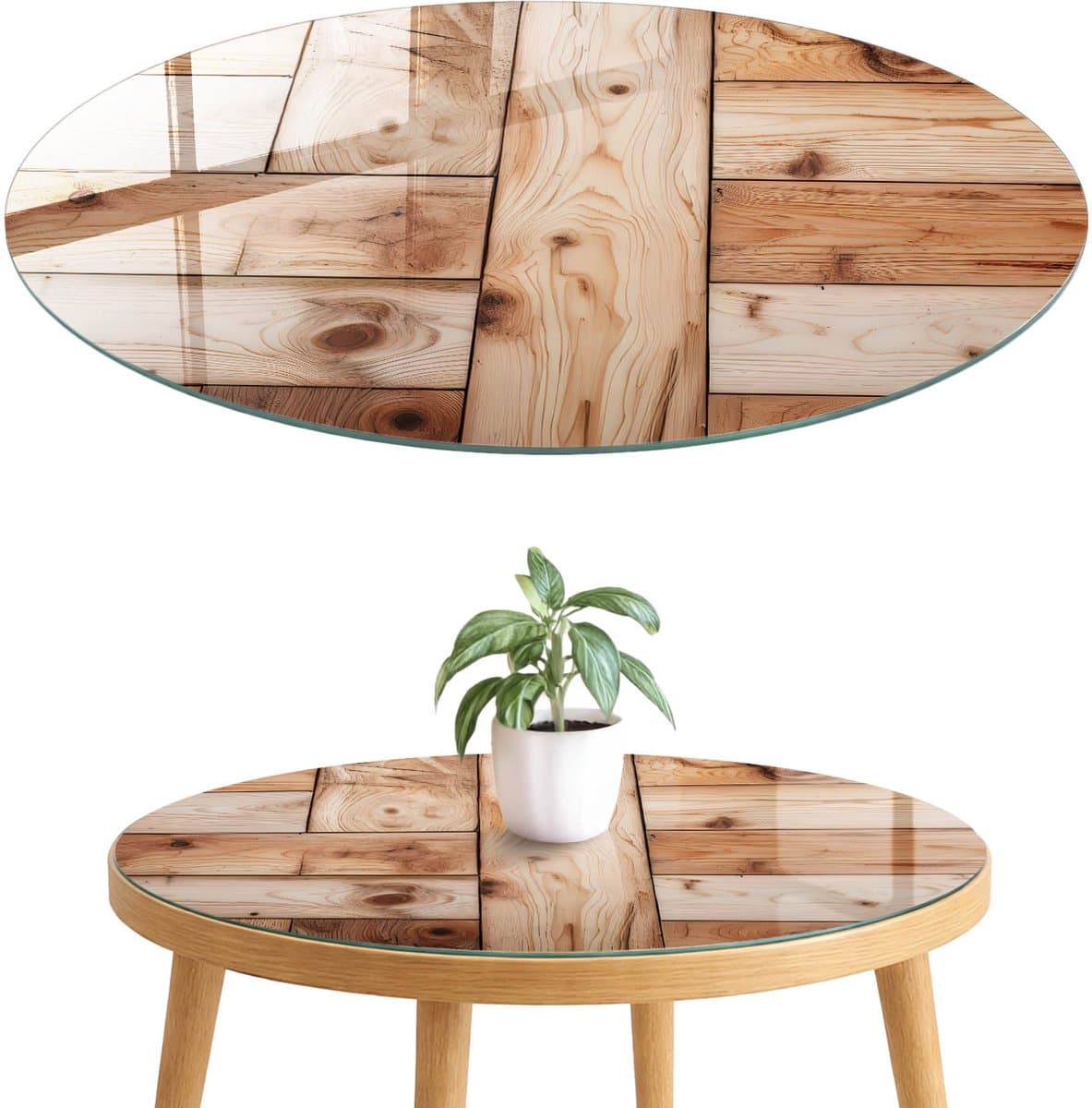 ArtPrintCave Houtstructuur Glazen Tafelblad fi90 cm - Tafelblad Rond - Bruin Bureaublad - Texturen Eettafel Met Glasplaat