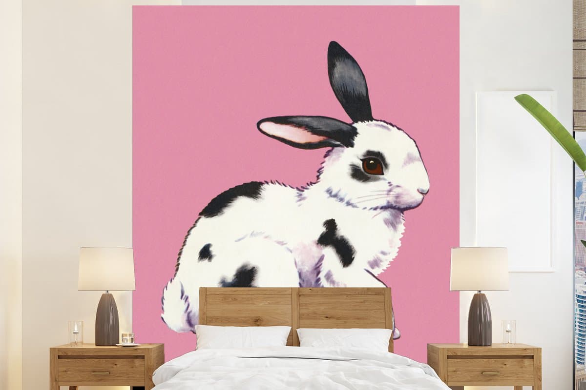 Behang - Fotobehang Konijn met roze achtergrond - Breedte 210 cm x hoogte 260 cm