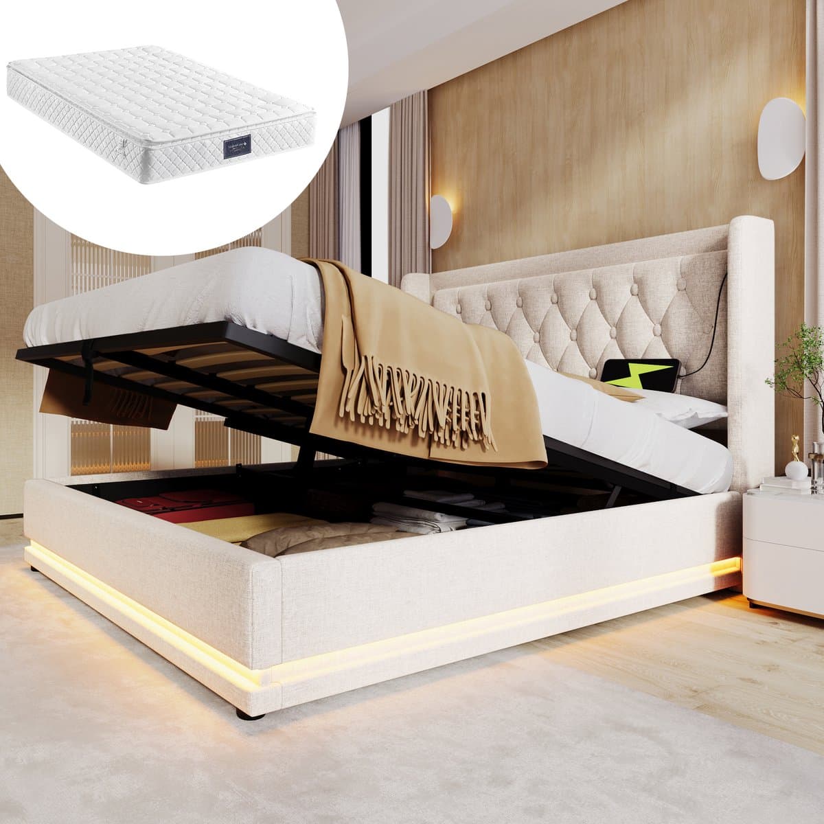 STILVORA Gestoffeerd Bed Tweepersoonsbedden - 140x200 cm - Luxe Opbergbed Met LED Hoofdbord En USB Type C Oplaadpunt - Inclusief 7 Zones Matras - Katoen - Beige