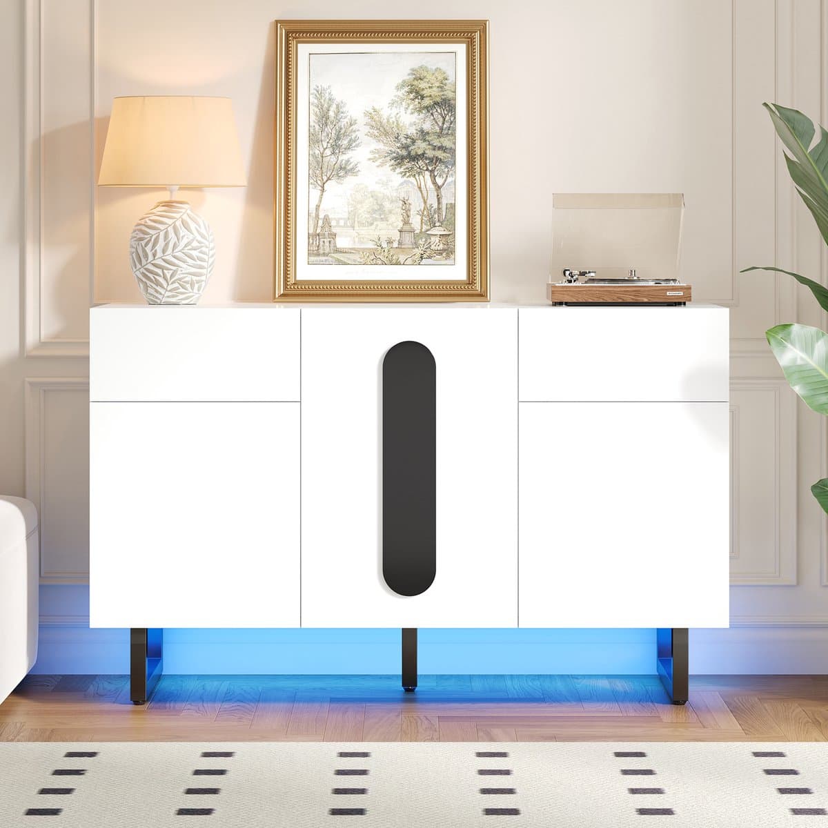 BLACKCOLORS Moderne dressoir 120 cm met grote opbergruimte, lades en deuren – wit met zwarte handgrepen en metalen poten, veelzijdig inzetbaar in de eetkamer, woonkamer of keuken – stijlvol, praktisch en stabiel.