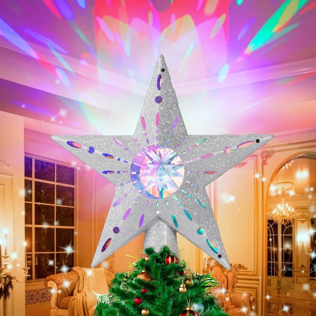 Kerstboom Ster Met 3D Projector Licht Kerstboom Decoratie Kleurvolle Projectie Effect Binnen Kerstboom Feest Ster Boom Decoratie Zilver