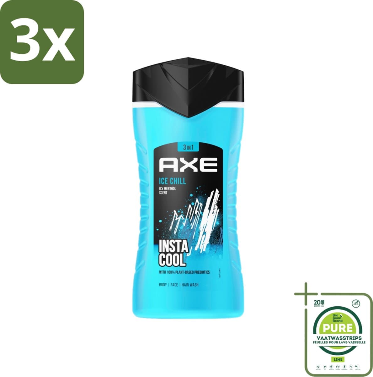 3 x Axe - 3-in-1 Douchegel - Ice Chill - Icy Menthol - Insta Cool - 100% Plantaardig - 150 ml - Grootverpakking - Douchegel - Deodorant - Mannen - Frisse Geur - Bevroren Munt
