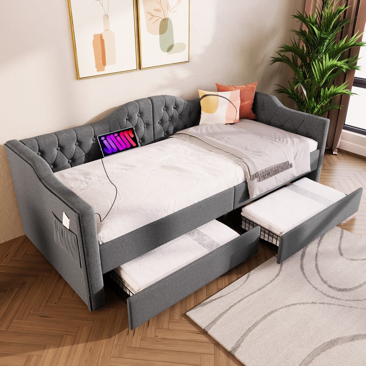 OKWISH Gestoffeerd Bed 90x190cm - Daybed Met USB Type-C En 2 Laden - Slaapbankfunctie - Linnen Bekleding - Grijs - Zonder Matras