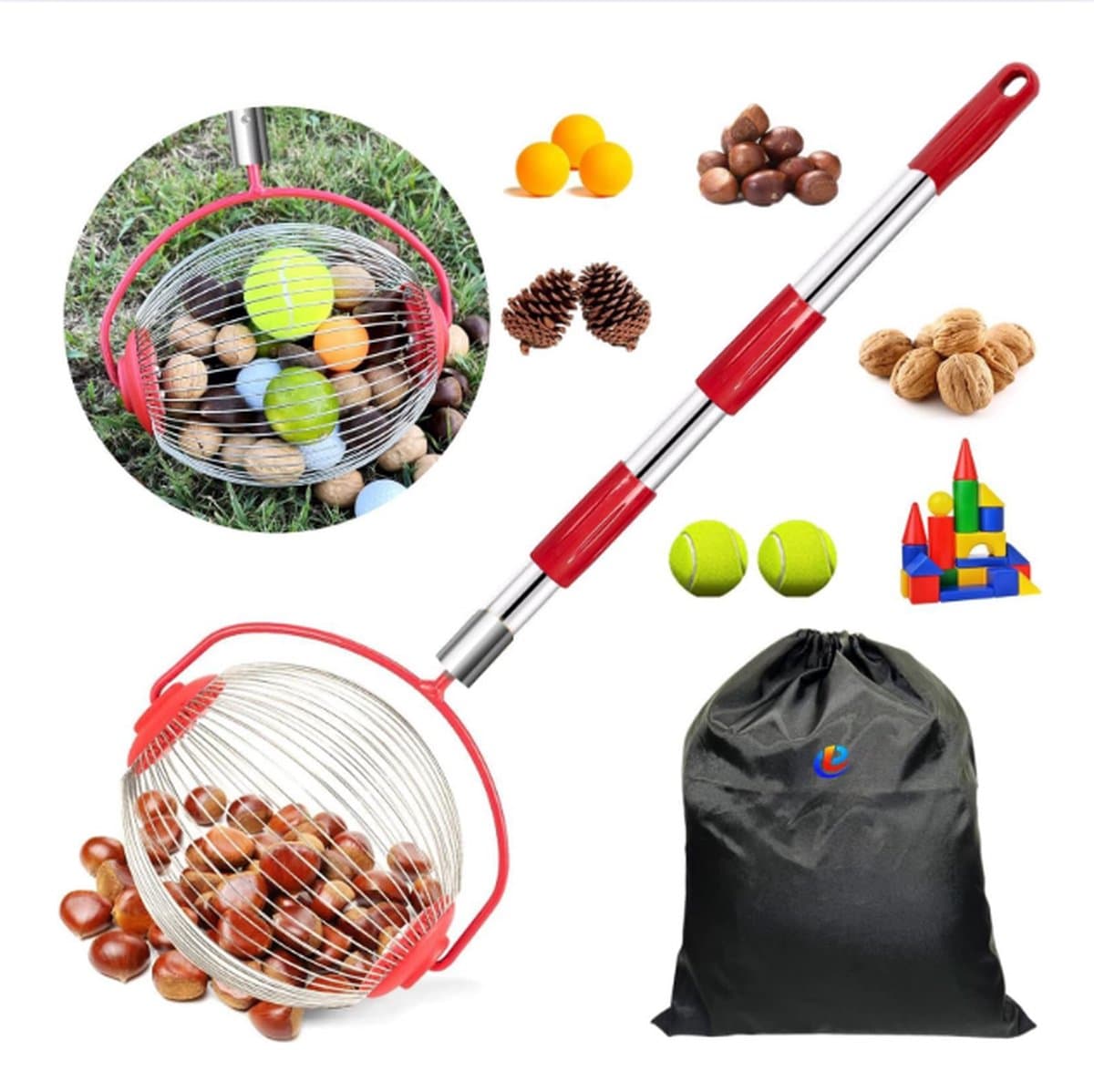 Notenroller - Notenraper Met Telescopische Handgreep - Walnootraper Ruimtebesparend Design - Voor Walnoten, Kastanjes, Golfballen