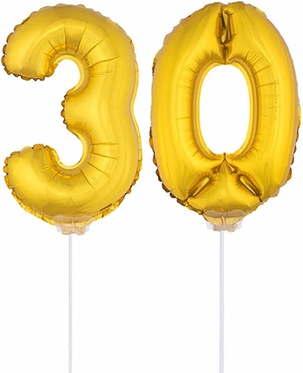 30 jaar leeftijd feestartikelen - versiering cijfers - ballonnen op stokje - van 41 cm - Combi van cijfer 30 - in het goud