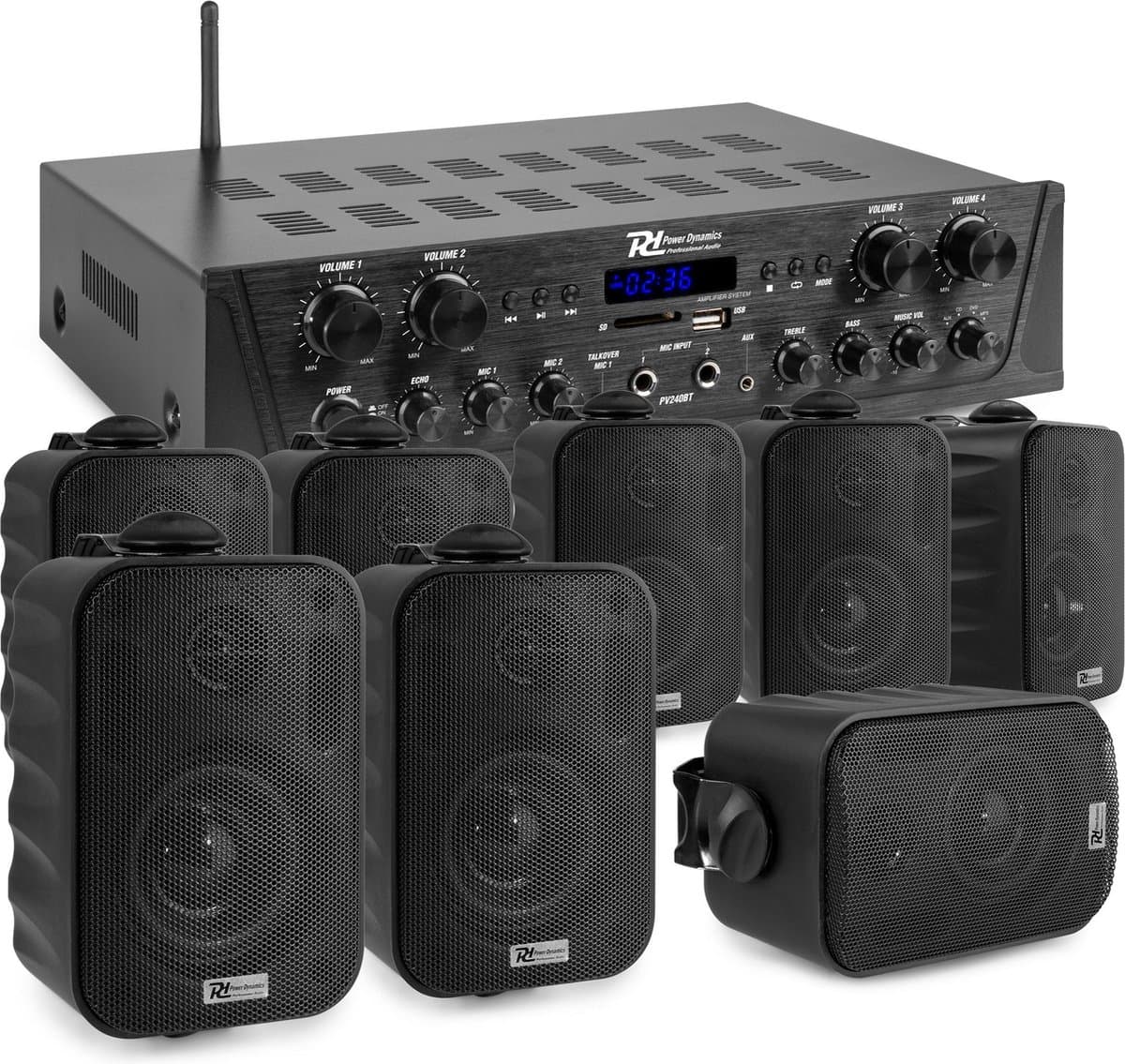 Geluidsinstallatie met Bluetooth - PV240BT 4-zone versterker audio + 8 BGO30 zwarte 3'' speakers