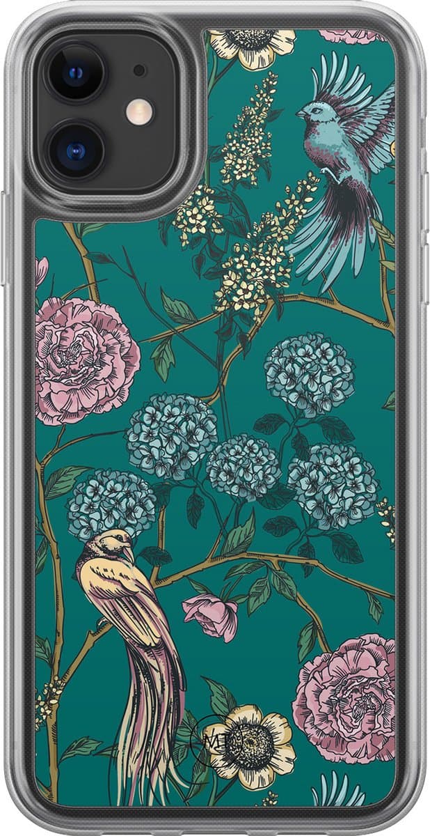 Hybride hoesje geschikt voor iPhone 11 - Vogels Japanse bloemen - Extra bescherming - Luxe beschermhoes - TPU case - Transparant, Grijs, Groen - Mooie Telefoonhoesjes