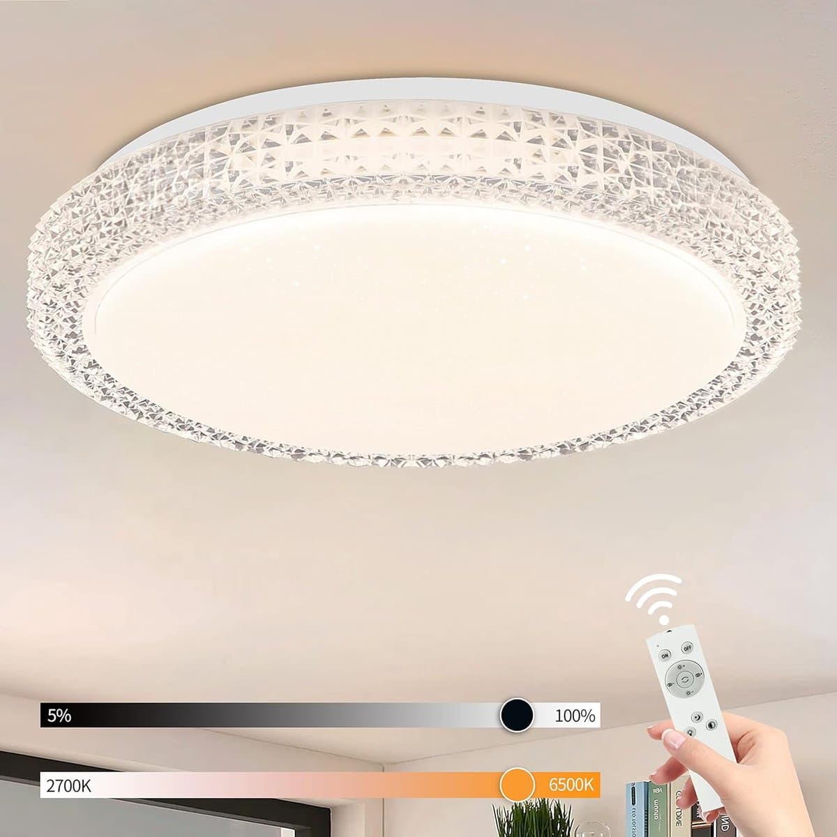 Glitzerlife - Plafondlamp Led - Dimbaar Met Afstandsbediening - Sterrenhemel Design - CCT Verstelbaar - Kristalaccent - Kunststof - Ø30cm - Wit