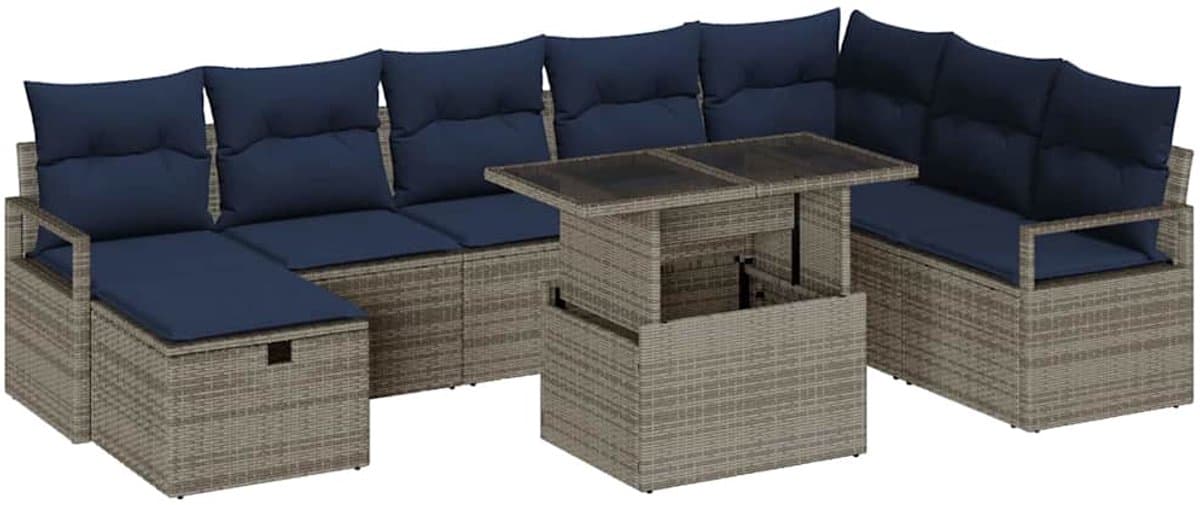 vidaXL - Tuinbank - Set - met - kussen - met - opslag - 9 - pcs - Grijs - Poly - rattan