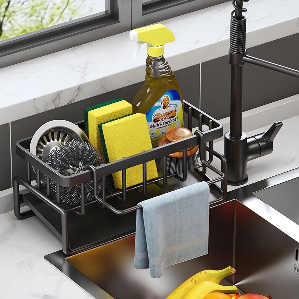 Sink rack, kitchen storage and organizer, sink cleaner, kitchen accessories, sponge holder for sink organizer and drainer black.