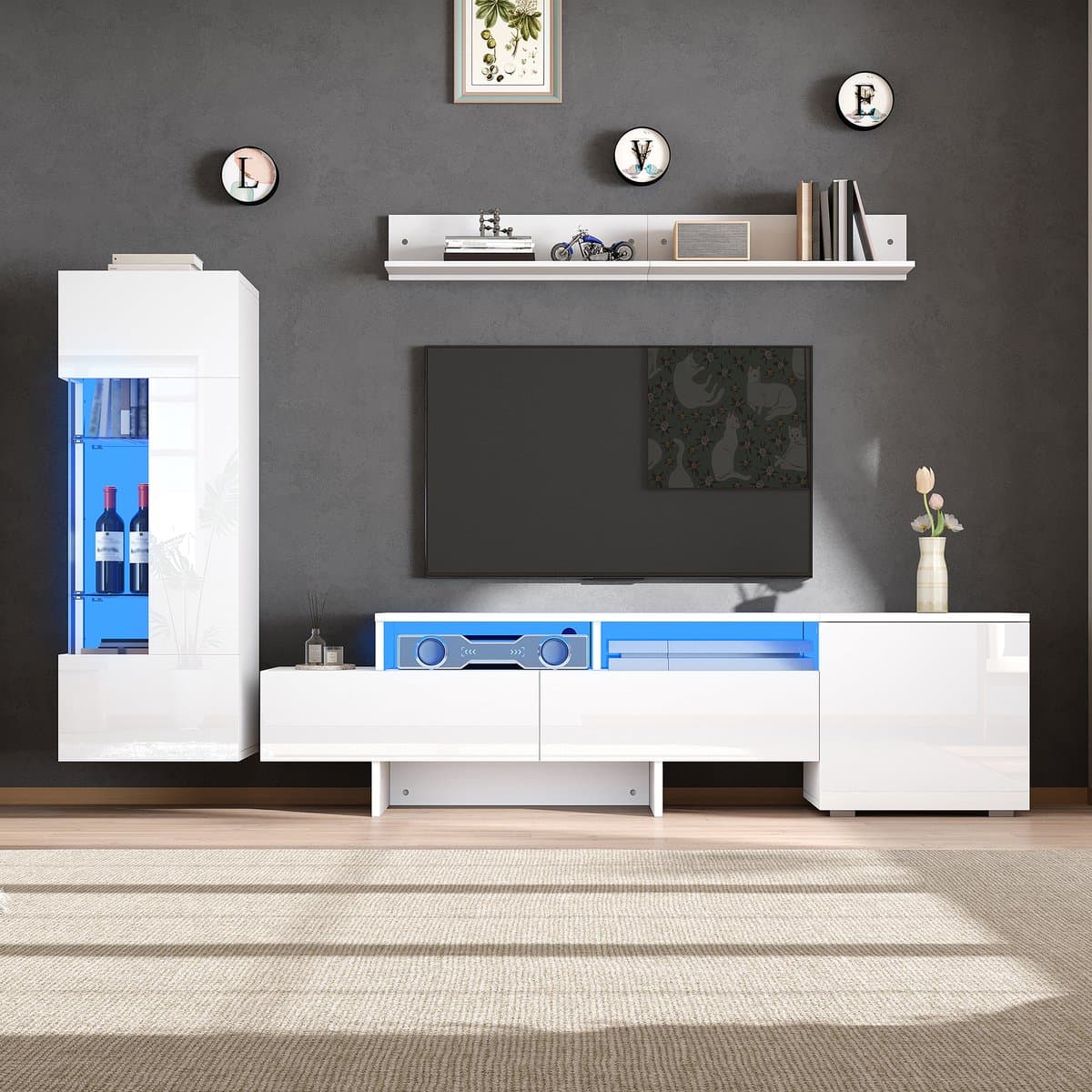 TV-Meubel Set - Voor TV tot 70 Inch - Met LED en Glasplank - Hoogglans - Acryl - Wit