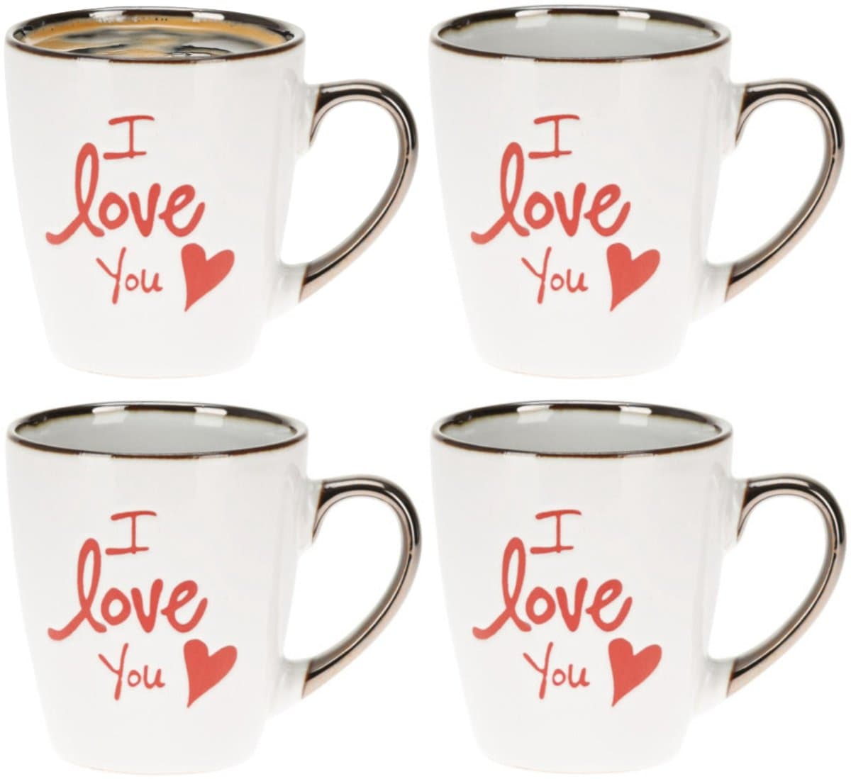 Siaki Koffiemok / theemok I Love You - 4x - wit/goud - 300 ml - mokken - aardewerk - valentijnsdag - tas - cadeaumok