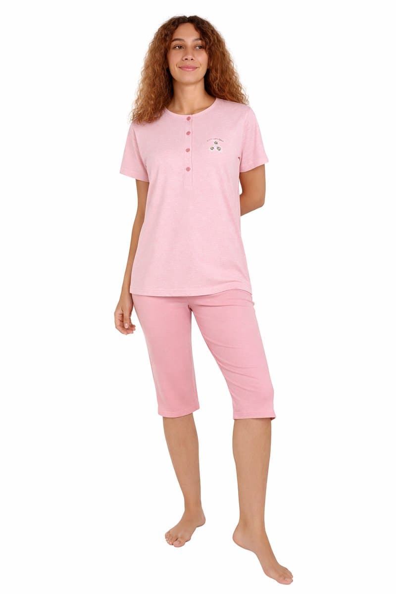 Dames Pyjama - Katoen - Zomer - 3/4 broek - Roze Gemêleerd - Maat M