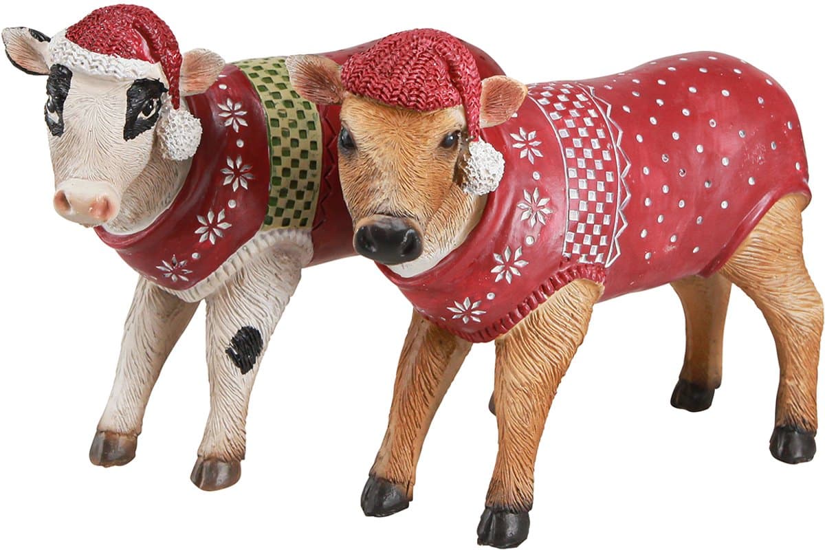 Kerstkoedecoratie koe met muts wit bruin L15,5cm 2 stuks, 2 Stück
