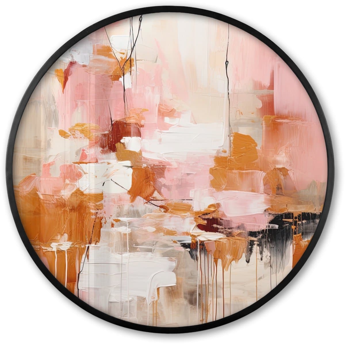 Poster in lijst Rond - Fotolijst 80x80 cm - Posters - Verf - Roze - Oranje - Abstract - Kunst - Ronde posterlijst zwart - Decoratie - Wanddecoratie woonkamer - Muurdecoratie slaapkamer