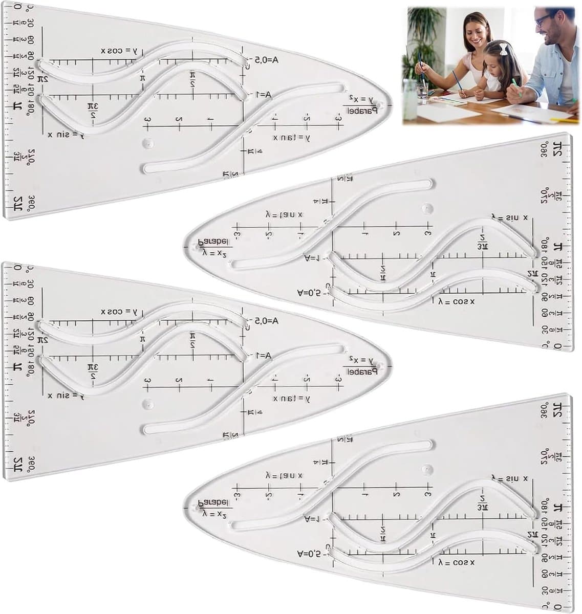 Set van Parabolische Wiskundige Sjablonen (4 Stuks) – Flexibel Plastic, Dimensiestabiel, Geschikt voor Parabolen, Cosinus en Tangent, Perfect voor Studenten, Ontwerpers en Schilderen