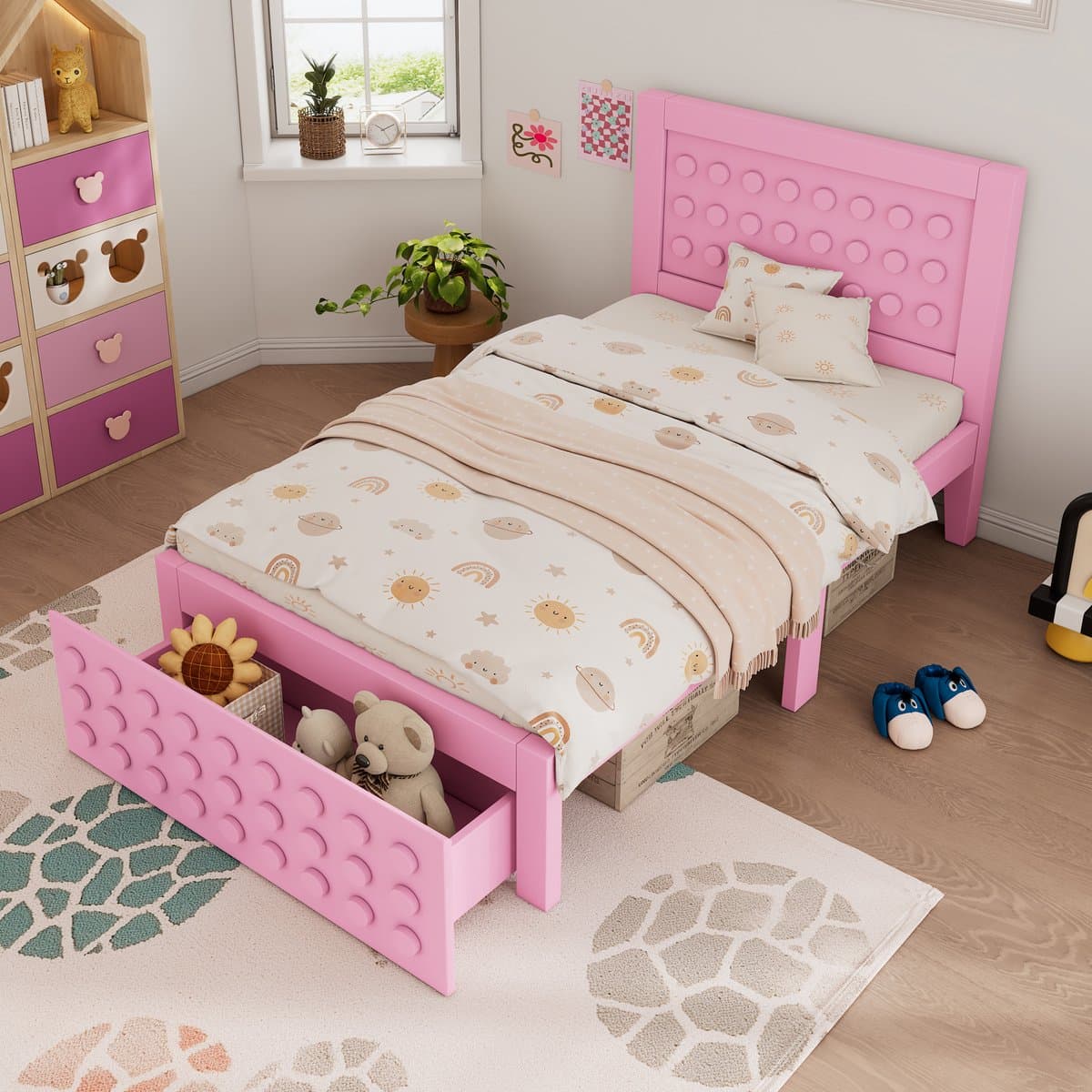 VVBV Kinderbed 90x190 cm - Lades, Lattenbodem, Massief Hout, Roze, Zonder Matras
